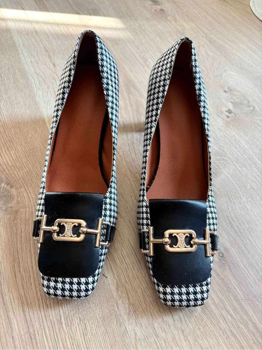 Houndstooth Square-Toe Loafers with Gold Accent